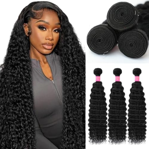 LICHANG 12A Human Hair Bundles 26 28 30 Inch Deep Wave Bundles Human Hair 100% Unprocessed Brazilian Virgin Weave Bundle s 3 Bundles Real Natural Black for Black Women