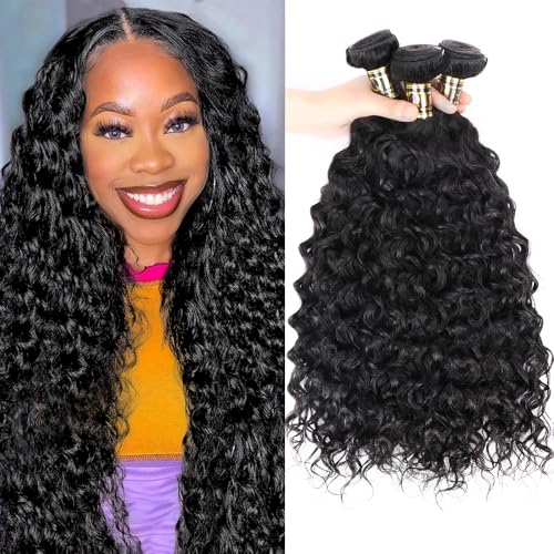 QTHAIR Water Wave Human Hair Bundles (Natural Black,20" 22" 24") Burmese Curly 16A 100% Unprocessed Brazilian Virgin Human Hair Weave Wet and Wavy Bundles