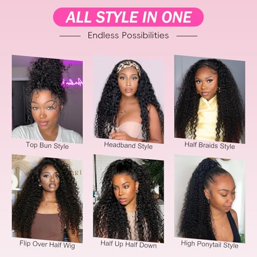 BGM GIRL Half Wig Human Hair Water Wave 3 in 1 Wigs Beginner Friendly Flip Over Drawstring Glueless Wig Ready to Go Seamless Clip in Wigs Natural Black Color 20 Inch