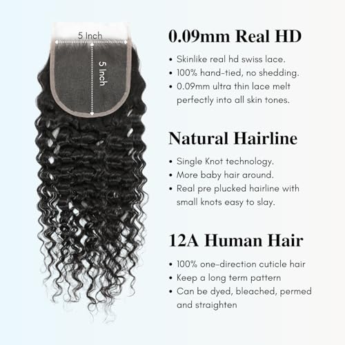 12A 5x5 Skinlike Real HD Lace Closure Only Water Wave Human Hair, 0.09mm Ultra-thin Invisible Curly Swiss HD Lace Closure Wet n Wavy Single Knot Pre Plucked Brazilian Virgin Natural Black 20Inch