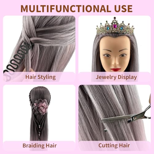 28" Cosmetology Mannequin Head With Hair - Doll Head For Hair Styling | wig Mannequin Head For Braiding, Cutting & Styling Practice | Includes Free Wig Stand & Hair Tools Set (Dark Pink)