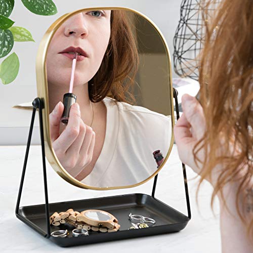 Navaris Magnifying Table Top Mirror - Double-Sided 1x/3x Magnification Vanity Makeup Mirror with Tray - For Bathroom, Bedroom, Desk - Black and Gold
