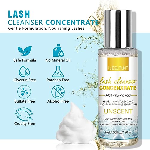 4.06 FL OZ Lash Shampoo Concentrate for Lash Extensions, Lash Cleanser Concentrate Eyelash Extension Cleanser Professional Lash Concentrate for Lash Extension Natural Foaming Cleanser Eyelash Shampoo