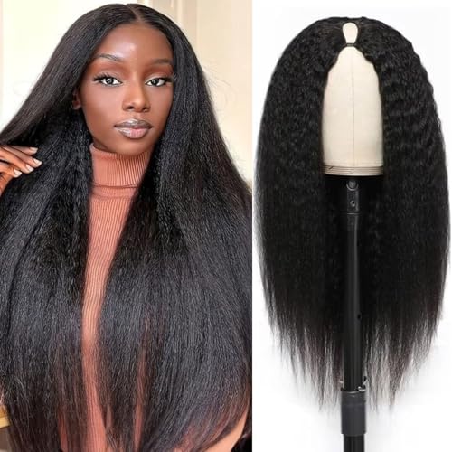 V Part Human Hair Wig Kinky Straight V Part Wig Human Hair for Black Women 24 Inch Glueless Yaki Straight Wigs Clip Upgrade Natural Beginner Friendly Middle Part 200% Density