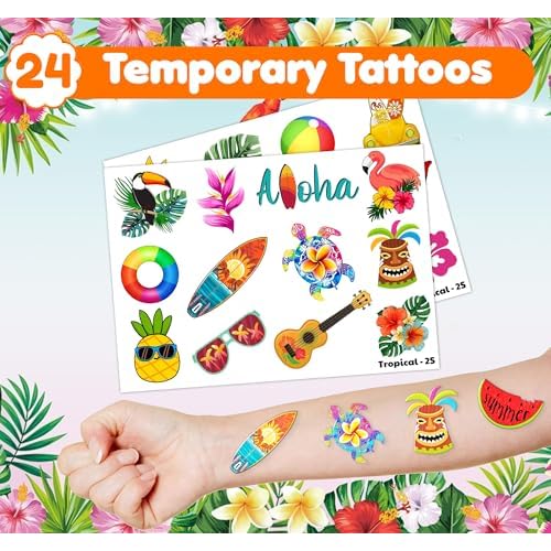 48PCS Hawaiian Party Set - 24PCS Temporary Tattoos & 24PCS Slap Bracelets - Summer-Themed Birthday Supplies, Baby Shower Gifts, Classroom Rewards & Party Decor for Kids (Boys & Girls)