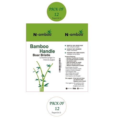N-amboo Boar Bristles Natural Bamboo Toothbrush Eco-Friendly Biodegradable Zero Waste Pack of 12