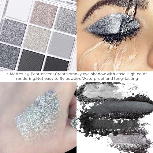 evpct 9 Colors Silver Gray Glitter Eyeshadow Palette, Black Smokey Grey and Silver White Sparkle Glitter Shimmer Shiny Eye Shadow Palette Makeup kit for older Women, High Pigment Waterproof eyeshadow