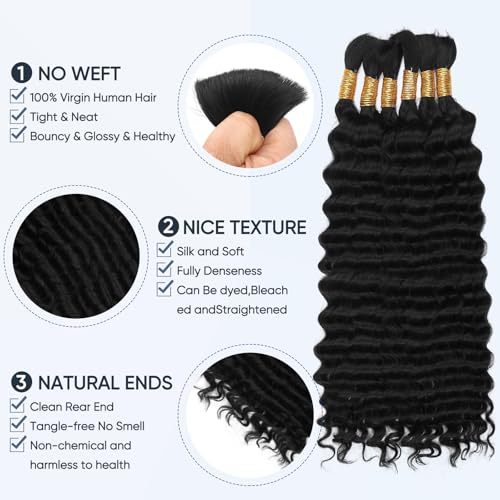 Human Braiding Hair for Boho Braids,150g 20 inch 6 Bundles Deep water Wave Bulk Boho Curly Human Hair for Braiding,Natural Color No Weft 12A Wet and Wavy Human Knotless Braiding Hair Extensions