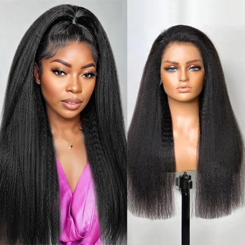 Kinky Straight Wig 13x6 Lace Front Wigs Human Hair 32 Inch Yaki Straight Human Hair Wig 200% Density Lace Front Human Hair Wigs for Black Women