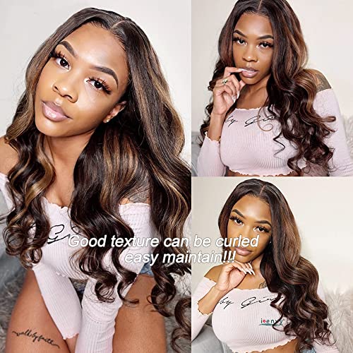 Brown Highlights Pre Plucked Lace Frontal Wigs Real Human Hair Wig Natural Hairline with Baby Hair 18 Inch Thicken Colored Ombre Balayage Brazilian Virgin Human Hair Lace Front Wig with Dark Roots
