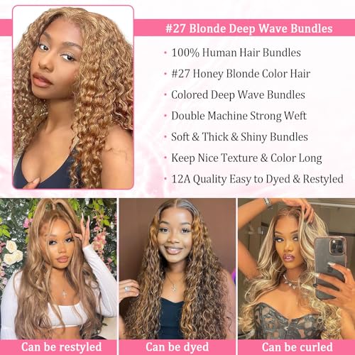 Blonde Deep Wave Human Hair Bundles 12A #27 Colored Deep Curly Human Hair 3 Bundles 18 20 22 Inch Honey Blonde Wet and Wavy Bundle for Black Women