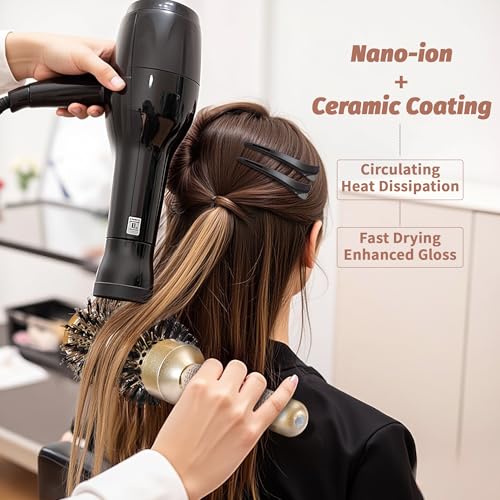 Round Hair Brush for Blow Out, Nano Thermal Ceramic & Ionic Tech, 1.3 inch Barrel, Boar Bristles, Roller Brush for Blow Drying and Styling, Includes 4 Free Clips, Gold