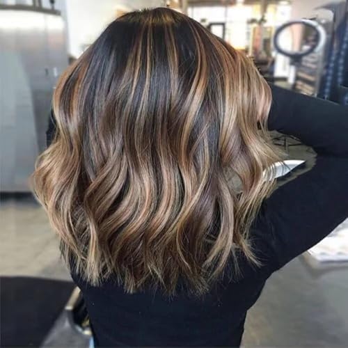 Ombre Brown Short Bob Wig Highlights Wavy Mixed Blonde Human Hair 13x6 HD Transparent Invisible Lace Front Wigs Pre Cut Pre Bleached Loose Wave Bob Brazilian Hair 150% Density 8inch