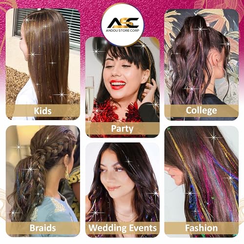 Andou | 14 Colors | Up To 6800 Strands | Heat Resistant Hair Tinsel Kit For Girls, Women & Kids | 48 Inch | One Wooden Threader & Crochet | One Plier | Two Hair Clips | Two Hundred Beads