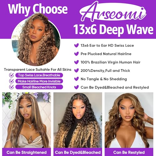 13x6 Highlight Ombre Lace Front Wigs Human Hair P4/27 Honey Blonde Lace Frontal Wigs Human Hair 200 Density Colored deep Curly Glueless Lace Front Wigs Pre Plucked with Baby Hair for Women (24 Inch)