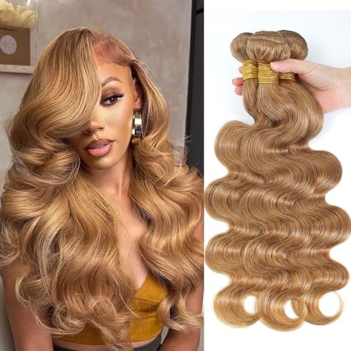 27# Honey Blonde Body Wave Bundles 100% Real Human Hair Bundles 20 22 24 Inch For Quick Weave Double Weft Can Be Dyed and Restyled