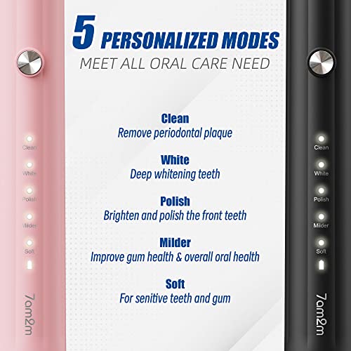7AM2M Rechargeable Sonic Electric Toothbrush 2 Pack, Soft Toothbrushes for Adults and Kids with 12 Brush Heads, IPX7 One Charge Use for 60 Days, 5 Modes with 2 Minutes Build in Smart Timer