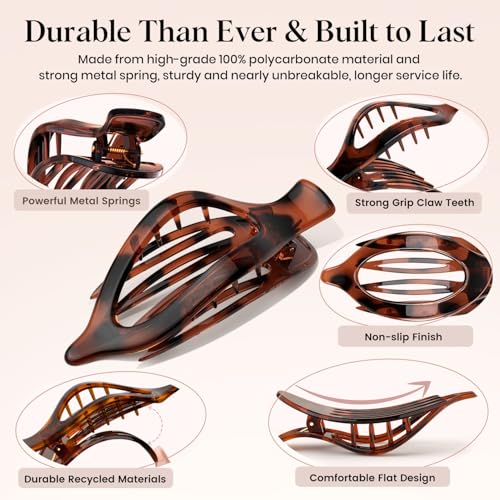 4 PCS Large Flat Hair Clips for Women Girls, French Concord Lay Down Claw Clips for Thick Thin Hair, Comfortable Curved Flat Clip, Leopard Print Stylish Strong Hold Hair Accessories, Tortoise