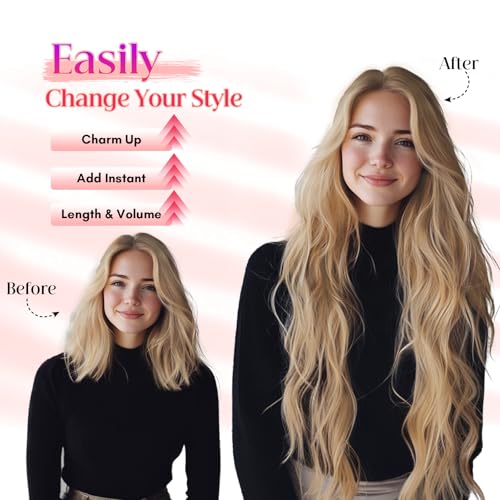 Rich Choices 100% Real Human Halo Hair Extensions Wave Remy Invisible Wire In Hair Extensions Human Hair Clip in Hair Piece 22 Inch Wavy-#613 Bleach Blonde