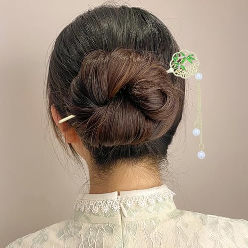 inSowni 8 Pieces Vintage Retro Asian Chinese Hanfu Gold Metal Hair Sticks Pins with Pearl Pendants Bamboo Leaf Flower Fishtail Hair Chopsticks Forks Bun Updo Holders Long Hairpins for Women Girls