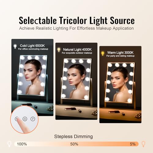 VEVOR Hollywood Vanity Mirror with Lights, 12 Dimmable Bulbs & 3 Color Lighting Modes, Makeup Mirror with Detachable 5X Magnification, Smart Touch Control, 360 Degree Rotation(16.1x11.8 in, White)