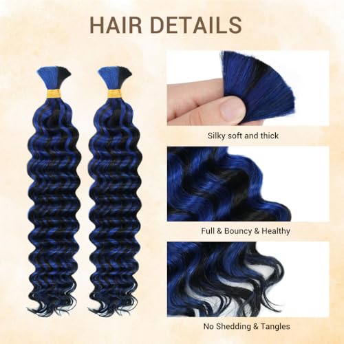 Human Braiding Hair for Boho Knotless Braids 2 Bundles 16 Inches 80g Deep Wave 10A Brazilian Virgin Human Bohemian Hair for Braiding 1bPblue