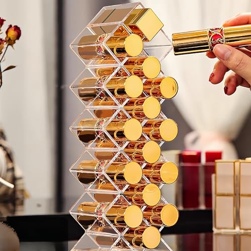 Cedilis 4 Pack Acrylic Lipstick Holder Organizer, 64 Slot Clear Lip Gloss Storage Organizer, Fish Shape Lipstick Display Stand Tower for Cosmetic Makeup and Dresser Display