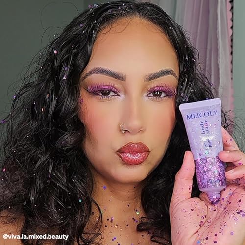MEICOLY Purple Hair Glitter Kids Makeup,Halloween Sparkly Face Glitter,Mermaid Sequins Face Body Glitter,Chunky Glitter for Festival Rave Accessories Costume Outfits for Women,50ml