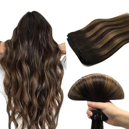 DOORES Sew in Hair Extensions Real Human Hair, Balayage Dark Brown to Chestnut Brown 24 Inch 120g Weave Remy Extensions Full Head Long Straight
