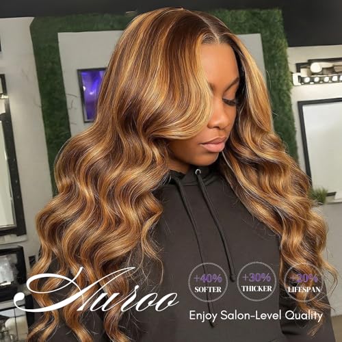 Honey Blonde Highlight Body Wave Bundles with Closure Human Hair, 12A 100% Thick Track Virgin Brazilian Wavy Weave P4/27 Ombre Brown Colored Bundles with 4x4 Closure Pre Plucked Remy 10 12 14+10