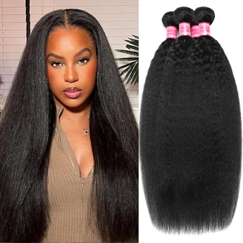 Borchan Kinky Straight Bundles 20 22 24 26 Inches 100% Unprocessed Brazilian Virgin Hair Weft Yaki Straight Human Hair Bundles Sew in Human Hair Weave Natural Black for Women