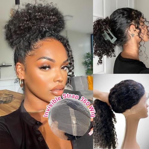 Lace Frontal Wigs 360 Drawstring Wig Human Hair 24 Inch Pre Plucked Hidden Strap 360 Lace Front Wigs Human hair Water Wave 180% Density Curly Wet and Wavy HD 360 Human Hair Wig Full Lace