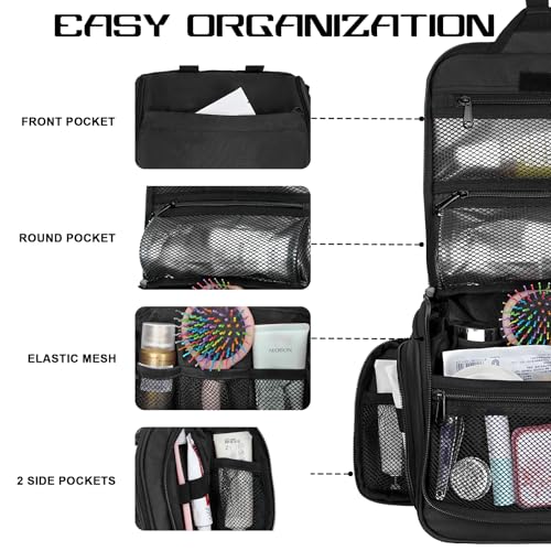 Goloni Hanging Toiletry Bag with Hook, Large Makeup Bag Travel Organizer, Water-Resistant Hanging Cosmetic Bag with 10 Compartments for Women & Men,Black
