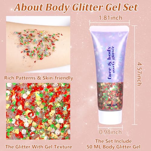 Boko 50ML Body Glitter Gel, Red Green Mardi Gras Chunky Glitter Gel for Face Hair Body Sparkle Makeup, Cosmetic Mermaid Face Glitter Sequins for Mardi Gras Concert Party Event Rave Accessories