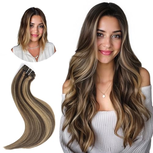 22 Inch Clip-in Real Human Hair Extensions,7 Pieces with 16 Clips,Chocolate Brown Highlighted Caramel Blonde 105 Gram Silky Straight Hair,Remy Thick Invisible, No Shedding