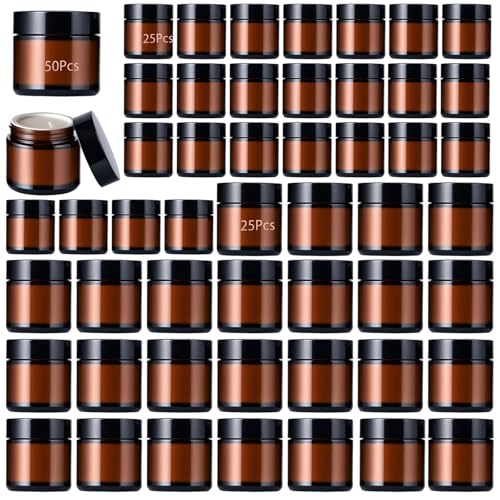 50Pcs(25¡¿4oz + 25¡¿2oz)Amber Glass Jars with Glossy Black & White Inner Lid Liners Airtight Small Glass Containers for Spices Candles Ointments DIY Crafts Travel Toiletries (4oz & 2oz Bundle)