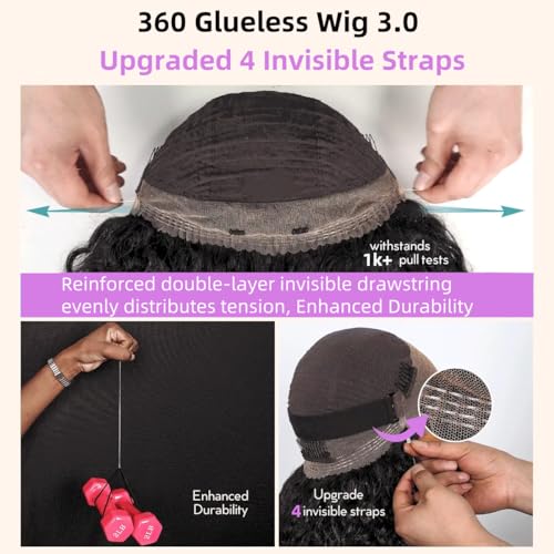 snv Game Changer 360 Glueless Wigs Invisible Drawstring Snug Fit Full HD Lace Wigs Human Hair Pre Plucked Pre Cut Bleached Tiny Knots Water Wave Frontal Wig 220 Density All Day Comfortable 24inch