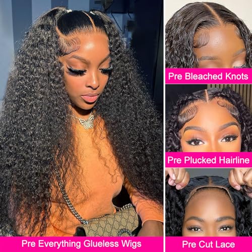 Hidden Strap Deep Wave 5x5 HD Lace Closure Wigs Human Hair Invisible Strap Bleached Konts Glueless Wigs Human Hair Pre Plucked Pre Cut 180% Denisty Deep Wave Closure Wigs with Drawstring 24 inch
