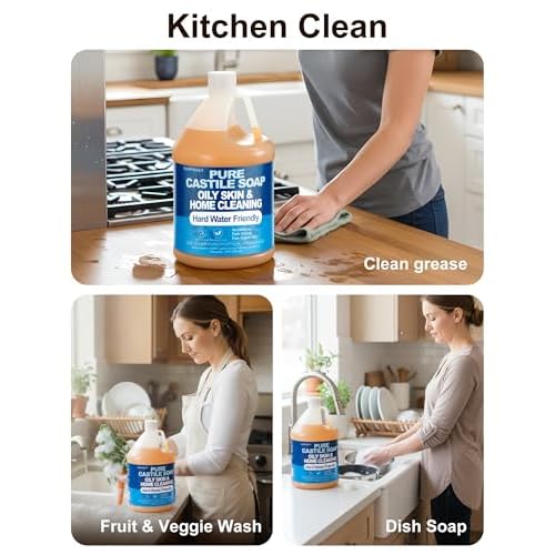 1 Gallon Pure Castile Soap Liquid, Organic Hand Soap Refill, Natural For Hand, Body Wash, Dishes, Home Cleaning Oily Skin, Fragrance Free Vegan Hard Water Friendly - Unscented 1 Gallon
