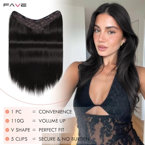 FAVE 110g Human Hair Extensions 16 Inch Seamless Clip in Hair Extensions Human Hair Upgraded V-Shape 100% Remy Human Hair Hairpieces for Volume & Length (Natural Black)