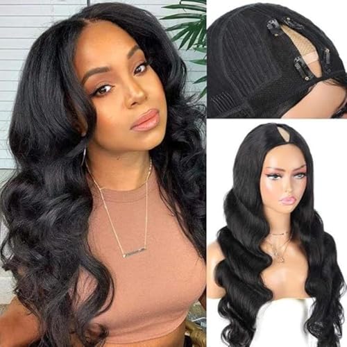 She Real Half Wig Human Hair Curly Straight Body Wave Brazilian for Black Women U Part No Sew in Glueless (Natural Black, 20 inch Body Wave 250% Density V Part Wig)