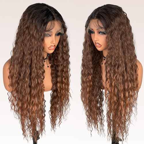 ZadaBelly 32 Inch Long Deep Curly Wavy Lace Front Synthetic Wig 13x4 T part HD Transparent Glueless Lace wig Heat Resistant Fiber Pre Plucked Hairline with Baby Hair for Women