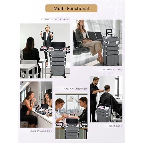 Costravio 5 in 1 Rolling Makeup Case on Wheels Large Cosmetology Case Organizer Beauty Cosmetic Train Case Travel Nail Cart for Make-up Studio Hair Salon, Black Rhinestone