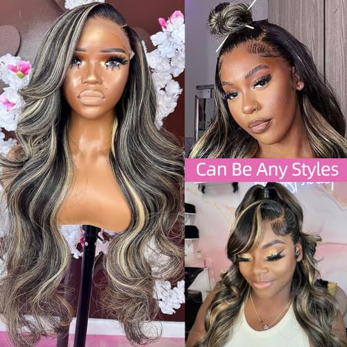Avolo 30 Inch Ombre Highlight Lace Front Wig Human Hair Pre Plucked 13x4 HD Transparent 1B/27 ombre lace front wig Body Wave HD Lace Frontal Wigs Human Hair With Baby Hair 180% Density