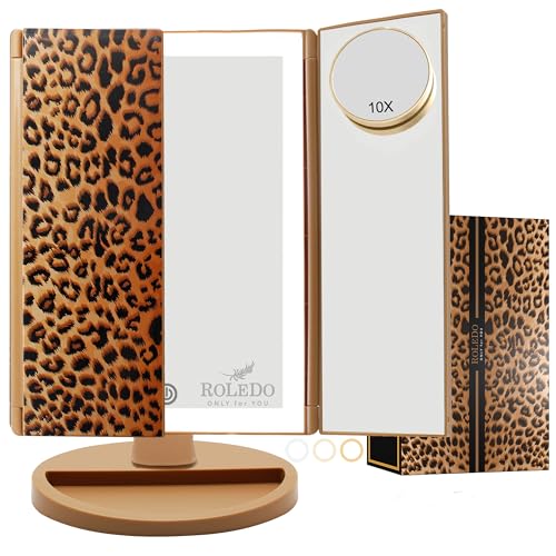 RoLeDo Trifold Lighted Makeup Mirror with 72 LED Lights, Magnification 1X/2X/3X/10X, Cheetah Leopard Print Vanity Mirror with Lights, 3 Color Lighting Modes, Dual Power, Gift Box Set