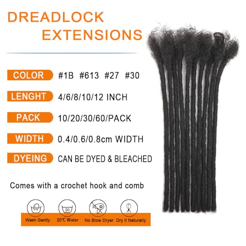 Dreadlock Extensions Human Hair 0.6cm Thickness 22 Inch 60 Strands 100% Real Human Hair for Man/Women/Kids Full Handmade Permanent Loc Extensions Bundles Can Be Dyed Bleached Curled and Twisted