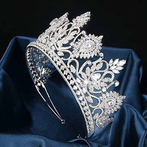 QXMYOO Luxury Large Tiaras and Crowns for Wedding Cubic Zirconia Pageant Crown Tall Bride Tiara Silver Gold Sun Flower CZ Birthday Prom Party Headpiece Bridal Hair Accessories