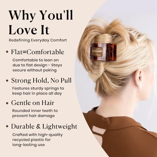 4 PCS Flat Hair Clips for Women - Stylish French Lay Down Flat Claw Clips for Thick Thin Hair, Comfortable Curved Large Flat Clips, Leopard Print Non-Slip Strong Hold Hair Accessories, Tortoise