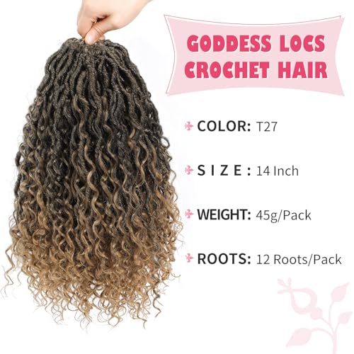 Alicoco Goddess Locs Crochet Hair 14 Inch 8 Packs Faux Locs Crochet Hair For Women Boho Soft Locs Pre-looped River Crochet Locs With Curly Ends (14 Inch (Pack of 8), 1B/27)