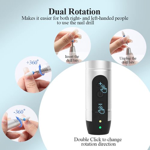 Electric Nail Drill Cordless, TOUCHBeauty Electric Nail File Machine Professional 12 in 1 for Acrylic Gel Nails, Manicure Pedicure Kit for Polishing Rechargeable (Silver)